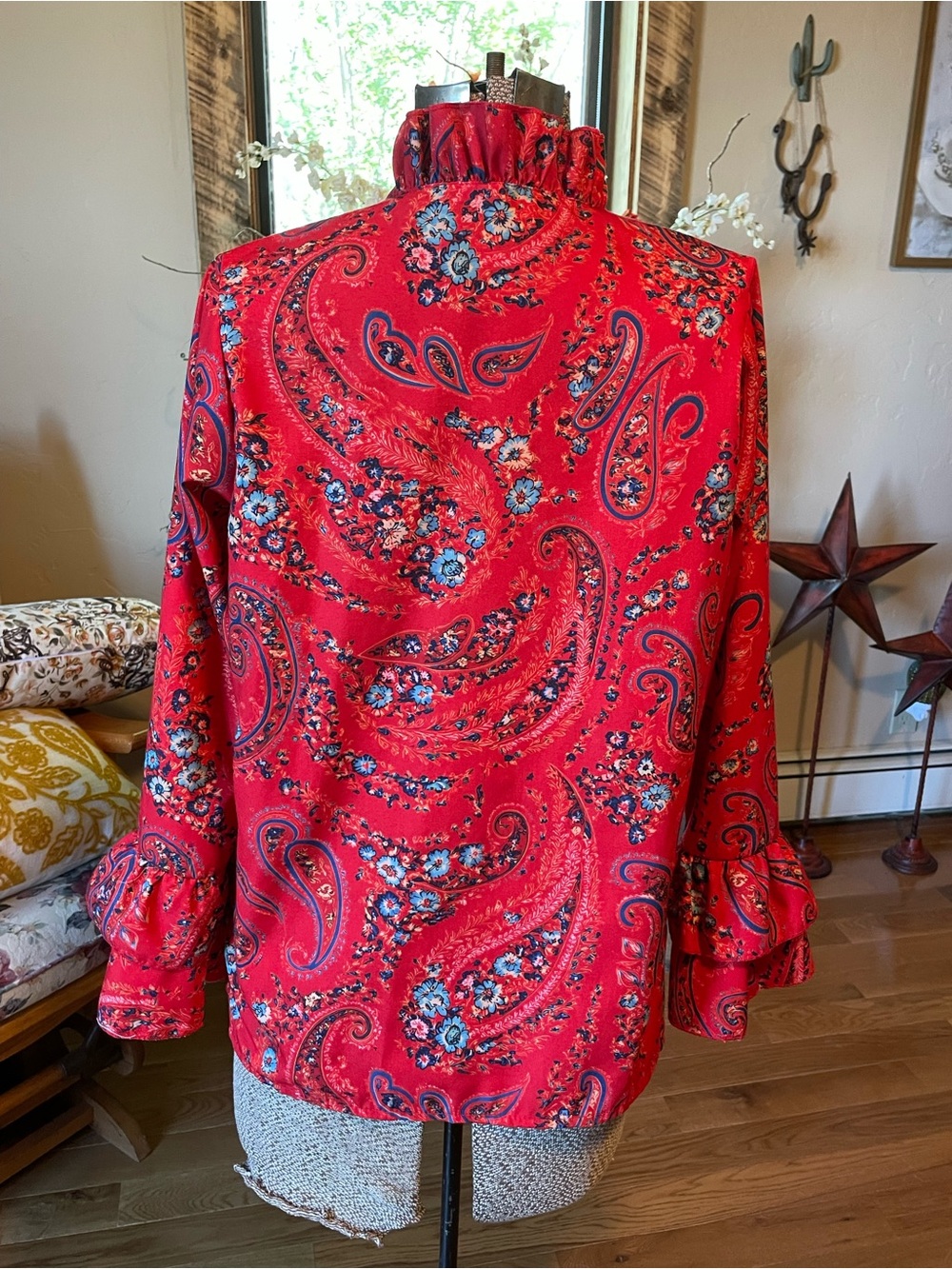 Red Paisley Ruffle-Trim Blouse - Picture 3 of 13